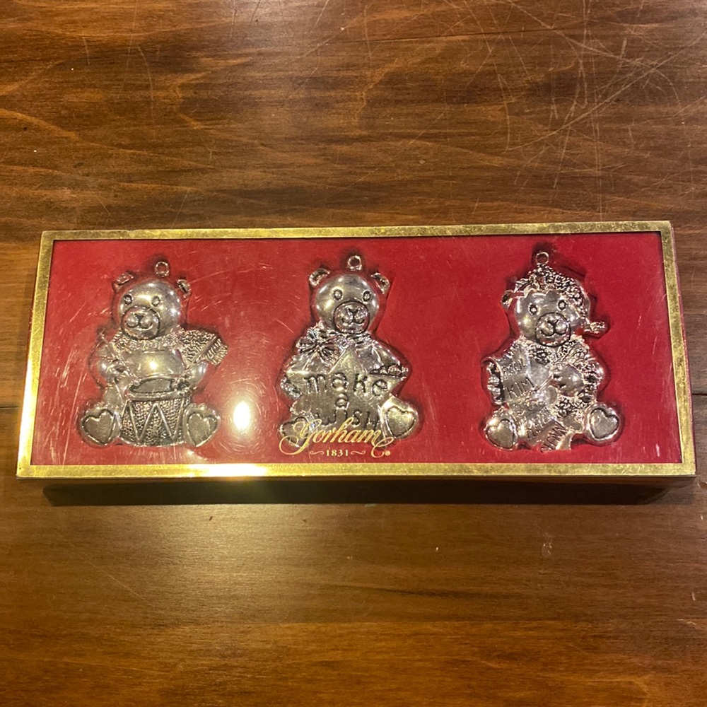 NIB Gorham Silverplate Set of 3 Ornaments Teddy Bears Drum List Wish Silver NEW